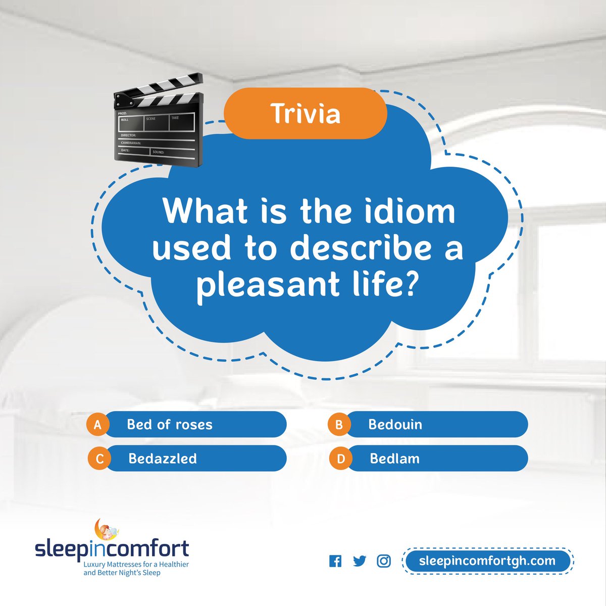 Pleasant life= Bed...?
Ps. You wouldn’t want to slack on the good life, sleep on a comfortable mattress... our mattress 😉

#SleepInStyleAndComfort #sleepincomfort #sleeptrivia #sleepwell #sleeptrivia