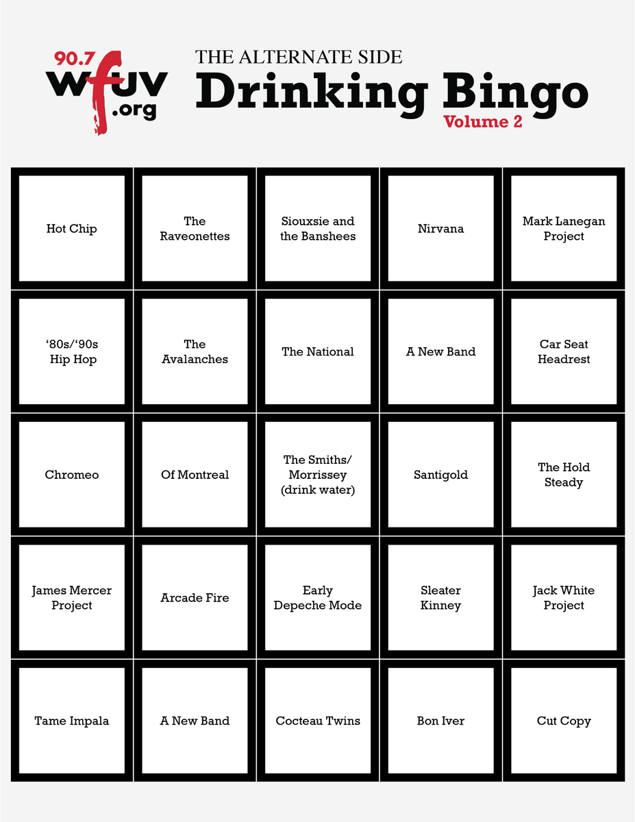 squidsubmarine's tweet photo. For those enjoying cocktails while listening to 
@Alternate_Side with @daddyrussborris on @wfuv
 tonight, I've created volume 2 of drinking bingo:

#wfuv #TheAlternateSide https://t.co/3FBvfUznmI