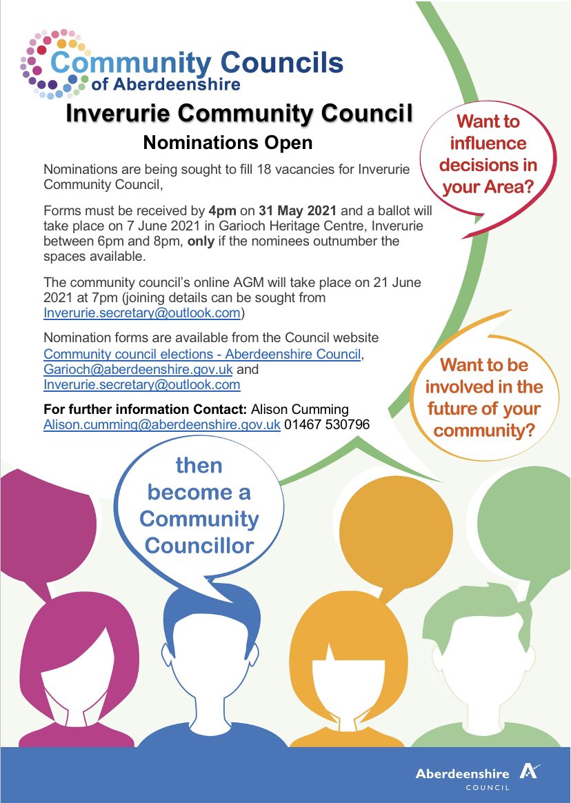 Inverurie Community Council (@inveruriecc) on Twitter photo Nominations now open for 18 vacancies at Inverurie Community Council
Forms must be received by 4pm on 31 May 2021
Online AGM will take place on 21 June 2021 at 7pm (joining details can be sought from Inverurie.secretary@outlook.com) Nominations now open for 18 vacancies at Inverurie Community Council
Forms must be received by 4pm on 31 May 2021
Online AGM will take place on 21 June 2021 at 7pm (joining details can be sought from Inverurie.secretary@outlook.com)
