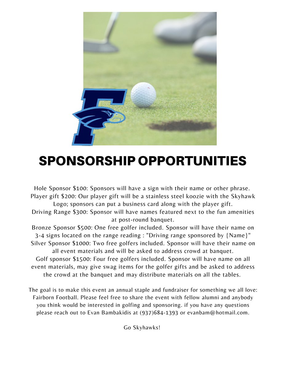 FBSkyhawksFBall's tweet photo. Fairborn Football is hosting the 1st Annual Fairborn Golf Scramble!  Come be apart of the premier golf outing in the Miami Valley!!!

If you choose not to golf, please consider being a sponsor! Any questions PM us!

Registration 🔗:  https://t.co/kUOGcRKv18 https://t.co/kN358Hd8KP