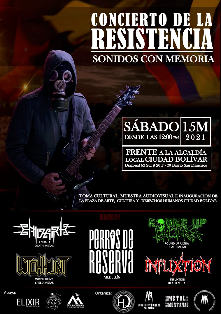 El #RockColombiano también se manifiesta 🤘 mañana 
Concierto de la Resistencia - Sonidos con memoria 
en vivo: 
<a href="/RoundUpUltra/">ROUND UP ULTRA</a>
<a href="/ENDARK_OFICIAL/">Endark</a>
Perros de Reserva
WITCH HUNT
Inflixtion

Detalles 👉 tinyurl.com/3pvcr2k6

#Bogota #ciudadbolivar #metal #Colombia
