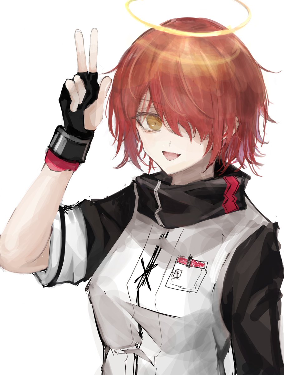 exusiai (arknights) 1girl solo gloves halo fingerless gloves red hair hair over one eye  illustration images