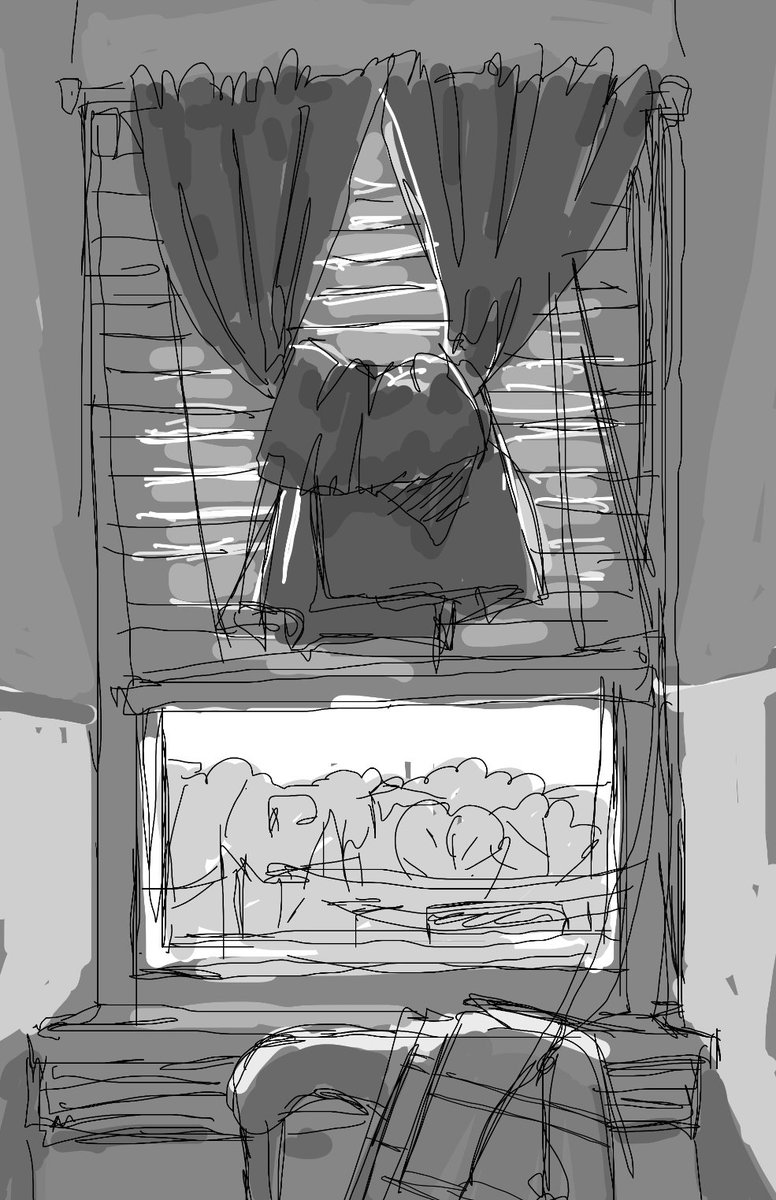 a messy sketch of my bedroom window, as seen whenever i sit in bed 