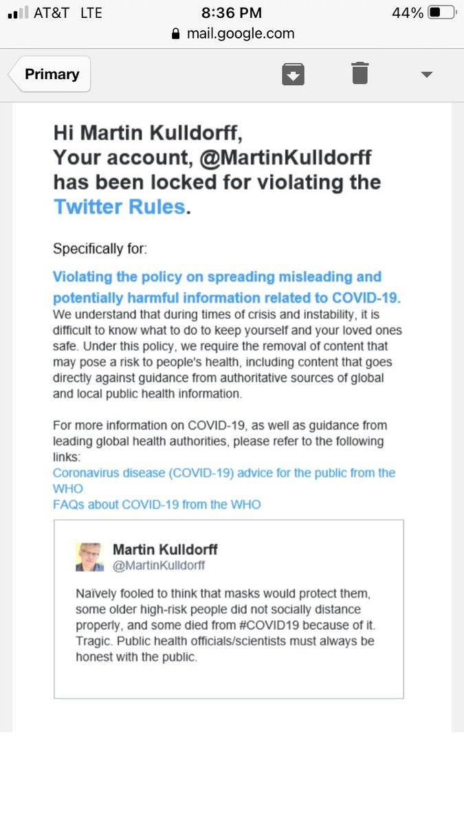 AlexBerenson's tweet image. Hi Martin Kulldorff, you may be a Harvard epidemiologist, but we at Twitter DGAF. Your account has been locked because you dared to suggest masks are not God’s gift.

Have a great weekend!

Love, Twitter.

(Come on, @jack! This is ridiculous.)