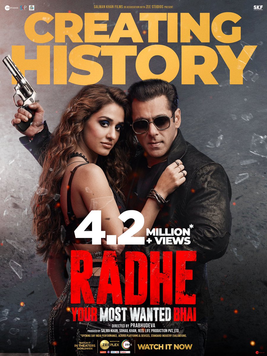 Radhe creates history on day 1! Thank you for making Radhe a true phenomenon. #EidRadheKi @BeingSalmanKhan @bindasbhidu @DishPatani @RandeepHooda @PDdancing @SKFilmsOfficial @ZeeStudios_  @atulreellife @ReelLifeProdn @ZeeMusicCompany @ZeeplexOfficial @ZEE5India