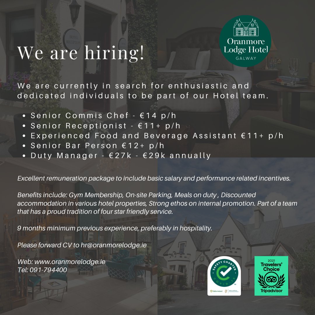 Exciting opportunities at Oranmore Lodge...

With a busy staycation summer ahead, we have the following positions available in our Hotel.

Come join our team!

#oranmorelodgehotel #galwayjobs #irelandjobs #galwayhotels #oranmore #workinireland #career #joinourteam