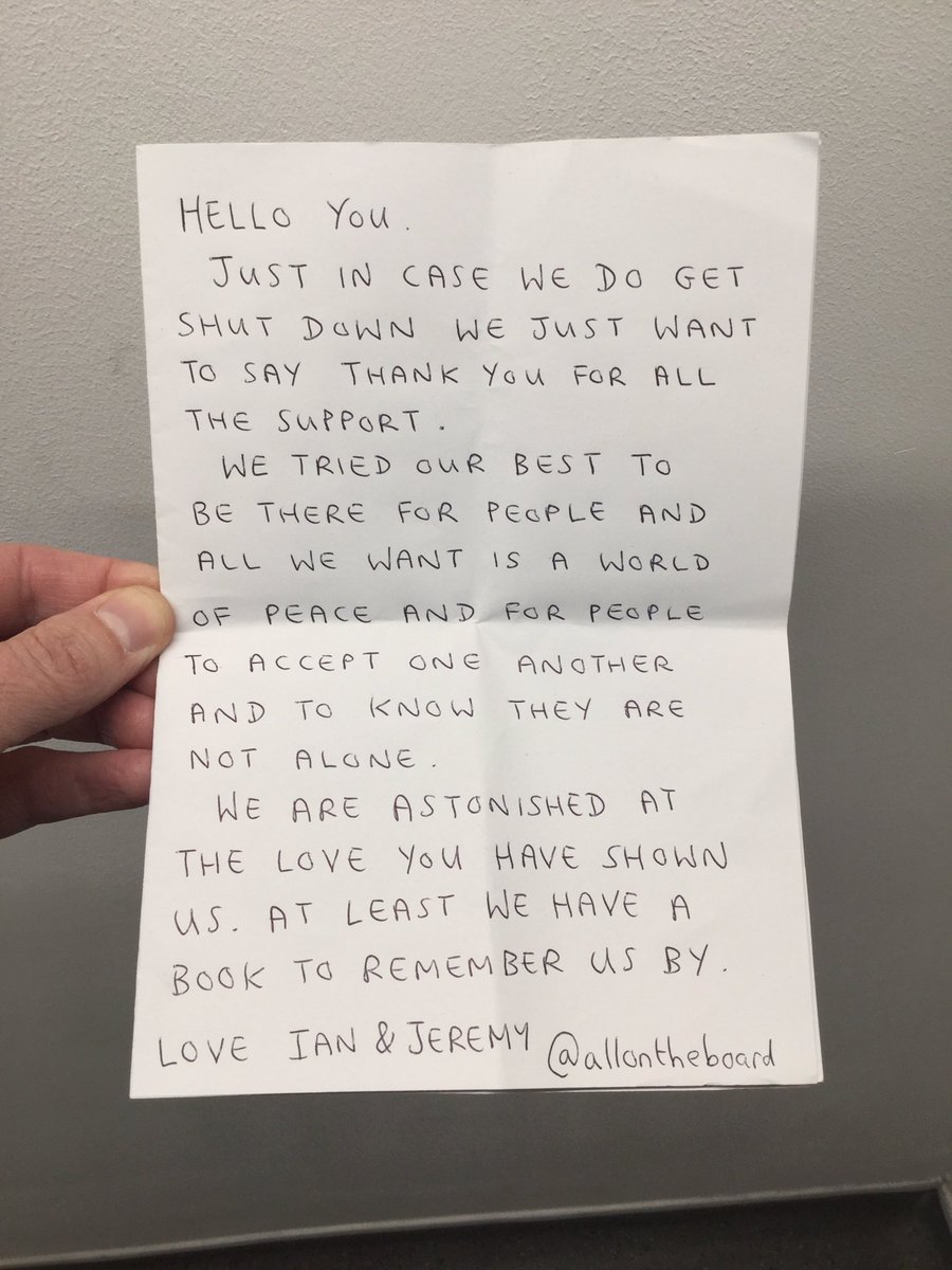 allontheboard's tweet image. Hello You.
Just in case we do get shut down we just want to thank you for all the support.
We are astonished at the love you have shown us.
At least we have a book to remember us by.

Love Ian &amp;amp; Jeremy @allontheboard 

Our book - amazon.co.uk/Tfl-Quote-of-t…