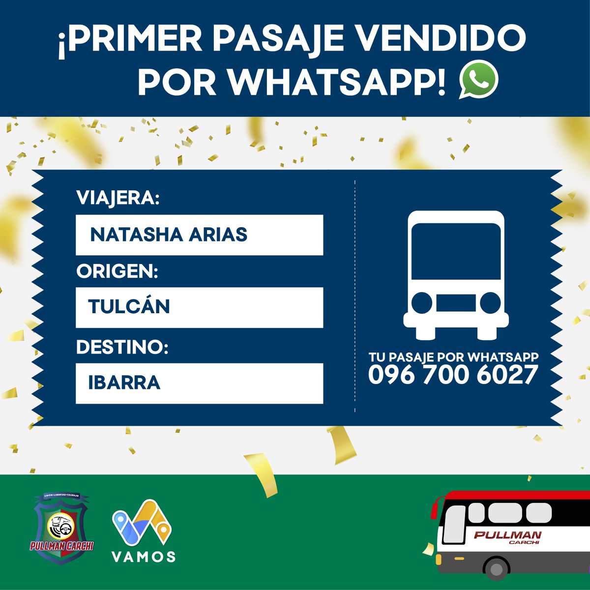 ¡Nuevo hito! 🍾🍾🍾
Gracias a la Cooperativa de Transportes Pullman Carchi por ser parte de nuestro objetivo de enaltecer el servicio del Transporte Intra e Interprovincial 💪.

Ahora puedes comprar tu pasaje por WhatsApp con anticipación: 096 700 6027 📲
#VamosPasajes🚌