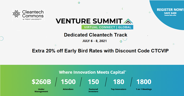 CleantechCommon's tweet photo. Join leading VCs, Corp VCs, Angel Investors and over 100 Top Innovators at #VSVC Venture Summit \ Virtual Connect July 6th- 8th 2021. Register today at https://t.co/8OBW4Q9kUR to save 20% off Early Bird Rates with the @CleantechCommon exclusive Discount Code: CTCVIP. https://t.co/TIQx77eQzK