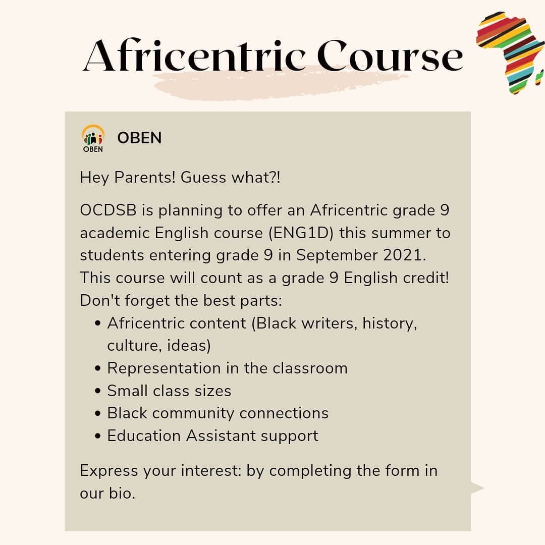Hey Families! Have you heard???

This summer, the Ottawa Carleton District School Board <a href="/OCDSB/">OCDSB</a> is planning to offer
an Africentric grade 9 academic English course (ENG1D). This will be offered to  students entering grade 9 in September 2021. 🧵⬇️