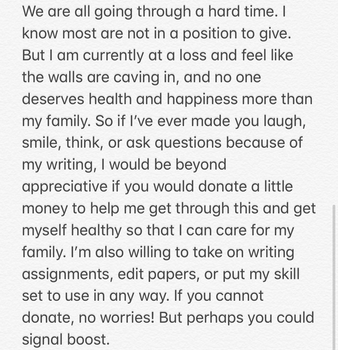 textbookvillain's tweet photo. I’m going to do something I never thought I’d have to do, and probably would have judged myself for, but these are unprecedented times and I (literally) can’t afford to be proud. https://t.co/Tbdna3AscR
