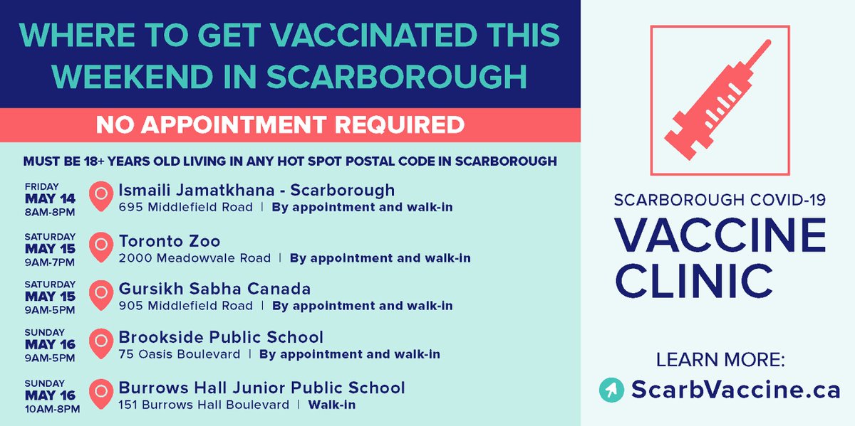 More vaccines for #Scarborough!: @SHNcares is holding pop-up #COVID19 vaccine clinics all weekend for adults 18+ living in Scarborough. Appointments and walk-ins available at ScarbVaccine.ca

For details ⤵️