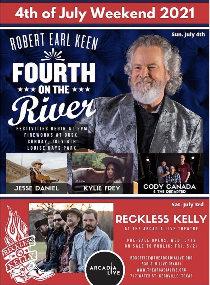 thejessedaniel's tweet photo. Just announced: 4th of July weekend with @robertearlkeen, @kyliefrenchfrey, Cody Canada and @recklesskelly! See y’all in Kerrville! 💥 https://t.co/NrTvczpkKm