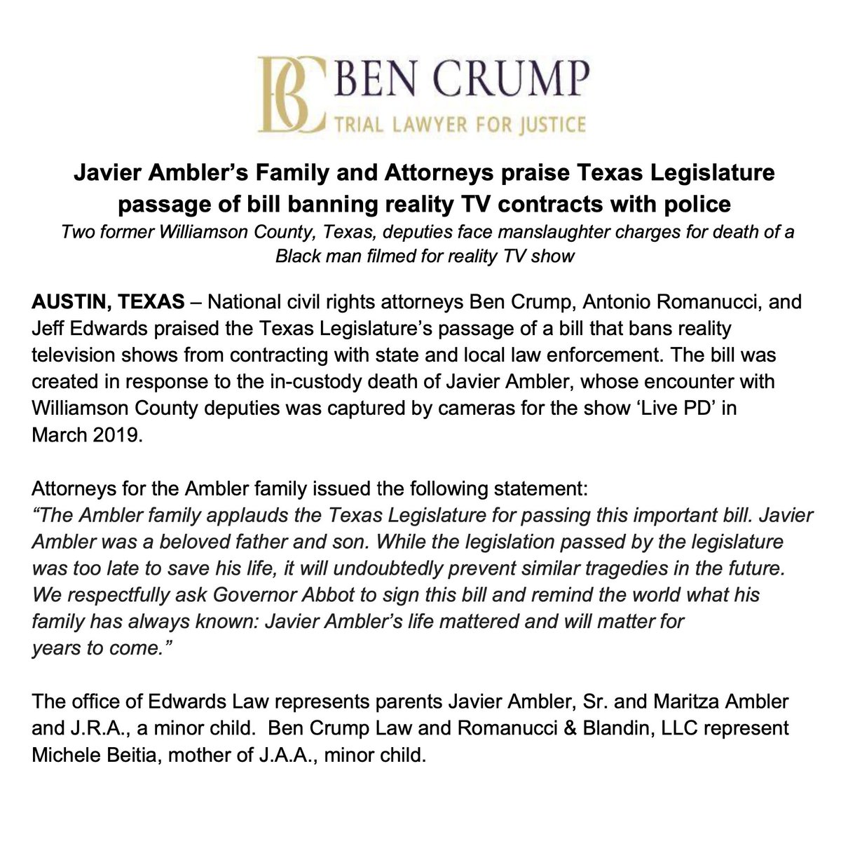 NEWS ALERT: Javier Ambler’s family, @AttorneyCrump, & co-counsels praise Texas legislature passage of bill banning reality TV contracts with police. https://t.co/U5NUkIw9Mv