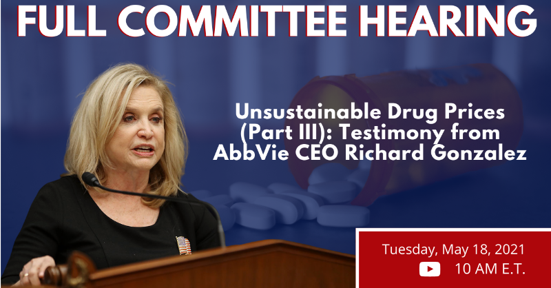 OversightDems's tweet photo. Since 2003, AbbVie Inc. has raised the price of its best-selling drug Humira 27 times &amp; it currently costs $77,586/year! 

@OversightDems' Chair @RepMaloney will hold a hearing w/AbbVie CEO Richard Gonzalez to examine the company's business practices. 

WATCH on 5/18 @ 10 AM.