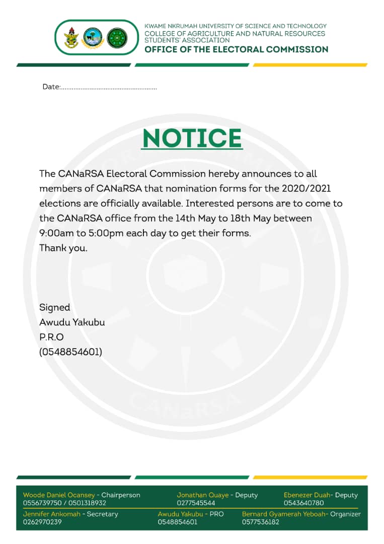 CANaRSA_EC's tweet photo. NOTICE 📌

Nominations for the 2020/2021 elections is officially opened. https://t.co/Aor7RV5dyi