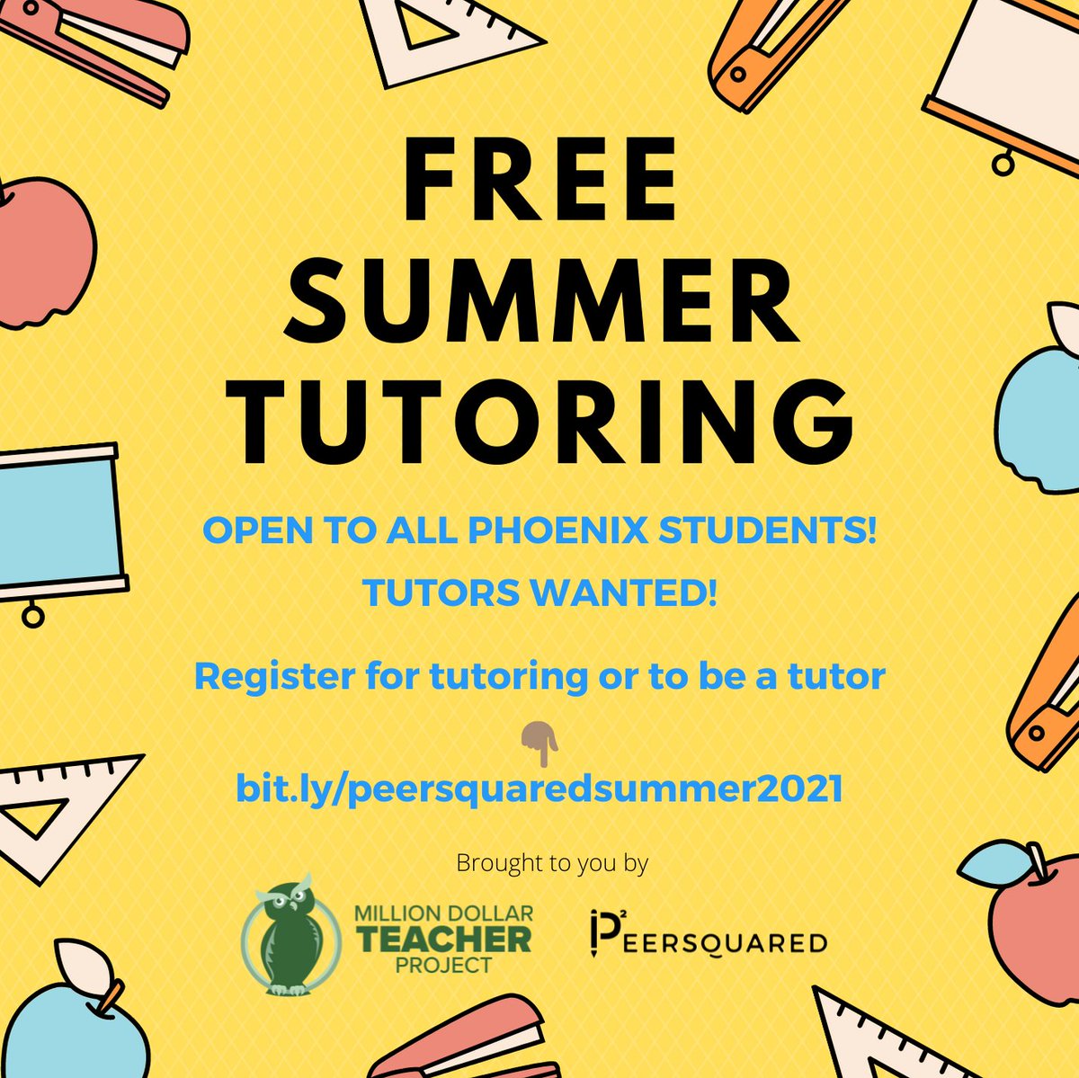 PeerSquaredInc's tweet photo. Looking for something stimulating this summer? Join our free virtual summer tutoring program! Registration open to any Phoenix K-12 student. Join us for 1-on-1 tutoring OR apply to be a high school volunteer tutor (training provided)! https://t.co/kdN0fbDk7a https://t.co/4y8xnTyo7u