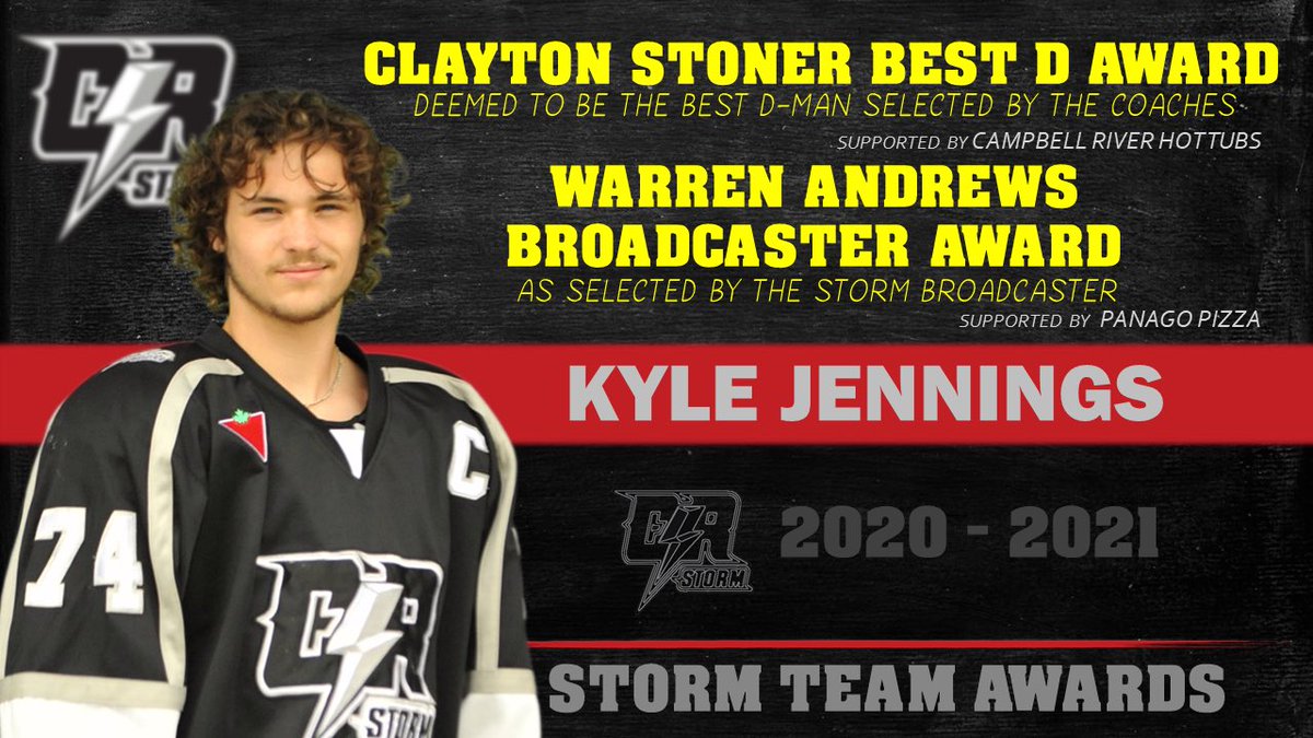 CR_STORM's tweet photo. The ‘Clayton Stoner Best D Award’ is brought to you by #CRHotTubs..
..and the ‘Warren Andrews Broadcaster Award’ is brought to you by @Panago_Pizza!
The 2020-2021 winner of both awards is #74 Kyle Jennings.
#CongratsKyle https://t.co/h9I3Ixe7zf