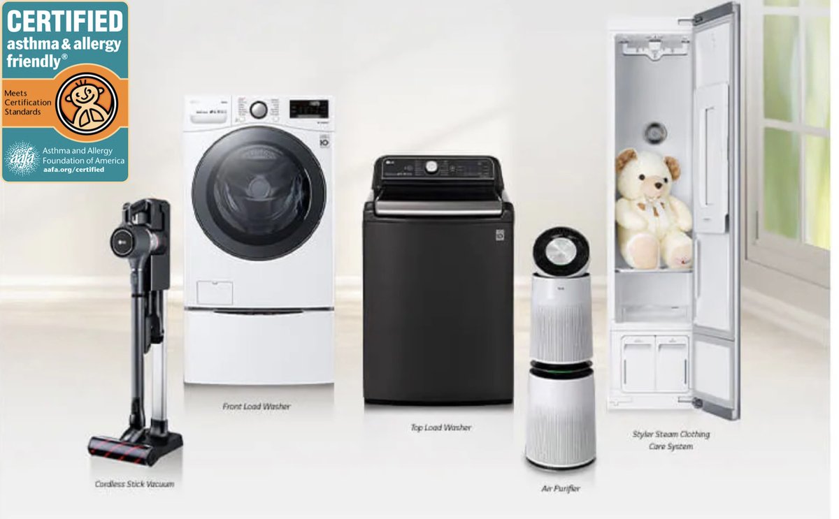 LG is proud to offer asthma &amp; allergy friendly® CERTIFIED washers, vacuums, air purifiers and the LG Styler that help remove allergens like pollen, dust and dander from your clothing and home. #LGUS #LGLaundry #LGPuriCare #LGCordZero #SmartHome <a href="/LGSParizoSW/">#LGscottparizo</a> <a href="/lgjoeytorres/">LGJoeyTorres</a> <a href="/LGUS/">LG Electronics</a>