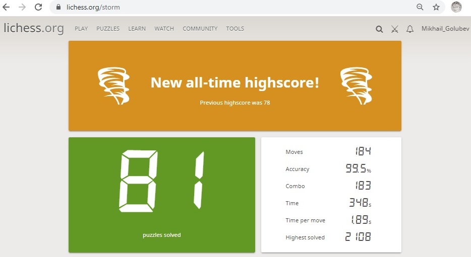 mikhail_golubev's tweet image. #PuzzleStorm new (and probably last) personal best = 81. lichess.org/storm #lichess @lichess