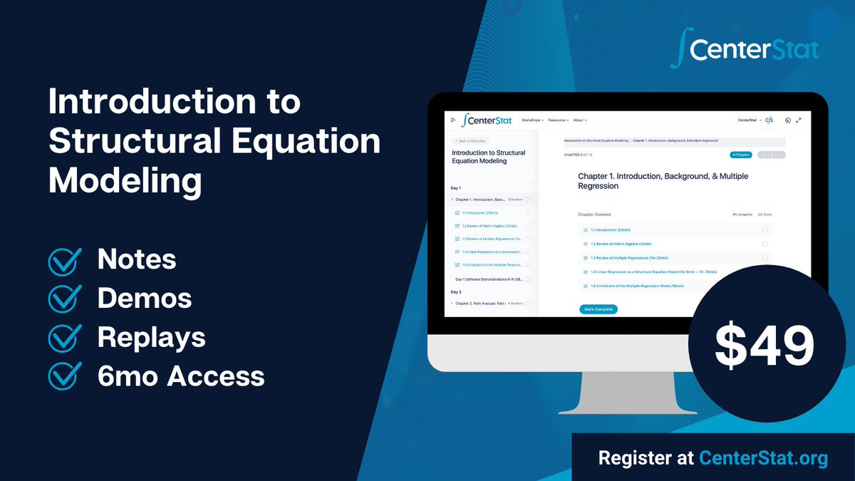 curranbauer's tweet photo. We had a great time teaching our free 3-day Introduction to Structural Equation Modeling workshop. Did you miss it? No worries! You can access the Just-in-Time, self-paced version of this workshop for $49 w/ 6mo access. Register: https://t.co/wj3hPJ77d4 #SEM #StatisticsTraining https://t.co/Q3e03dnkYD