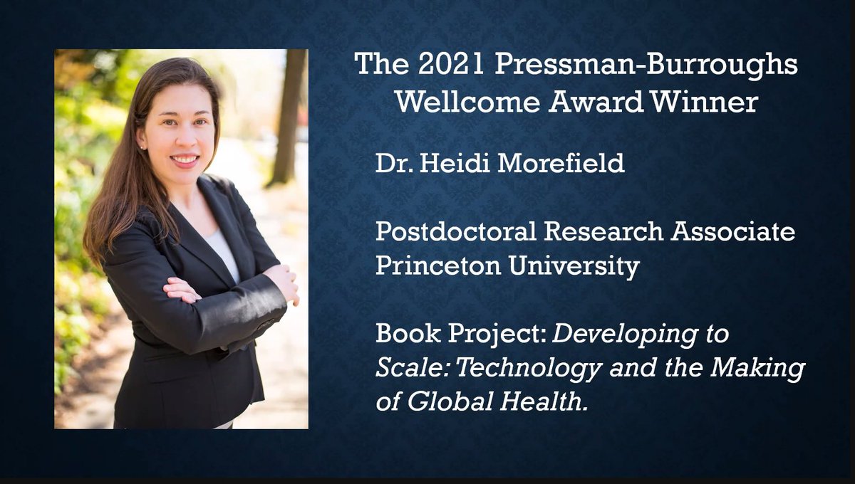jgreene2's tweet photo. So many congratulations to @heidimorefield for winning the 2021 Pressman-Burroughs Award from the American Association for the History of Medicine (@aahmhistmed )!  Can't wait to see the book that will come out of it--nice work Heidi! #aahm2021 #histmed https://t.co/W60iC3MtDa