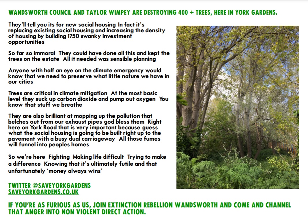 Meet at 2pm tomorrow Saturday on York Road opposite Halfords for a Green Man Swarm in support of York Gardens and Mother Nature

#SaveYorkGardens