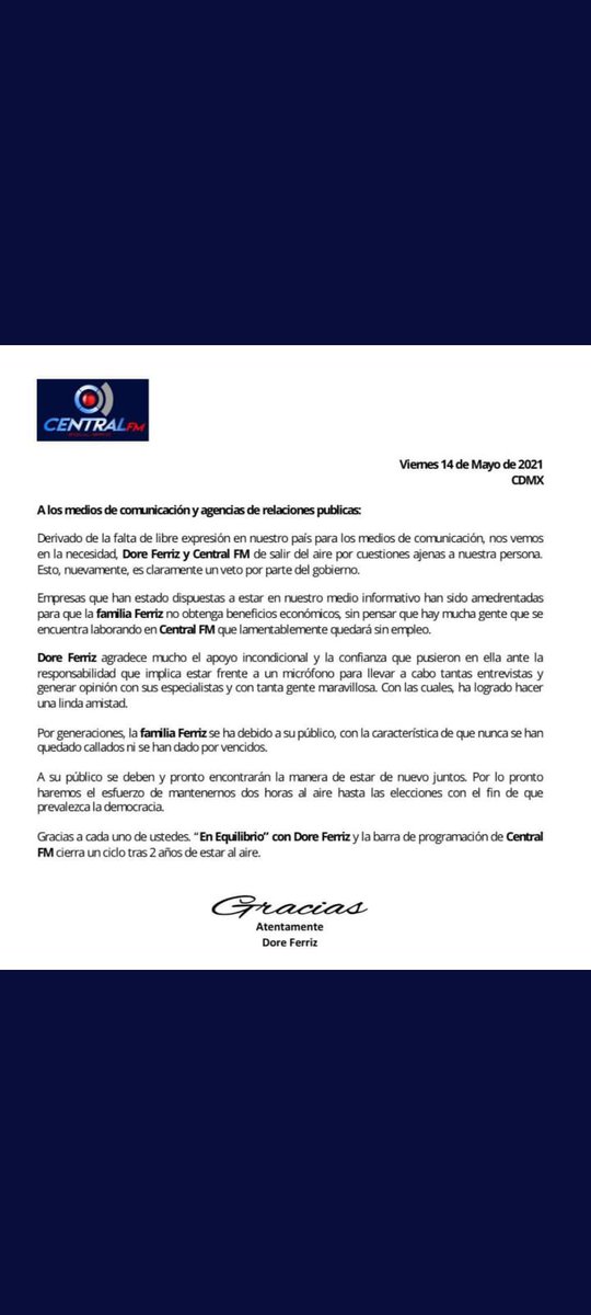 Central FM , sale del aire por veto del gobierno. Un abrazo y reconocimiento a la Familia Ferriz .