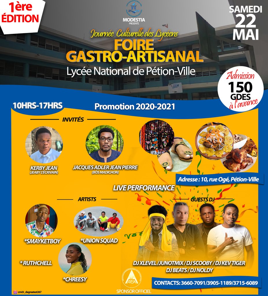#MODESTIA de concert à <a href="/atrepahaiti18/">ATREPA Haïti</a>, vous invite à la grande foire gastro-artisanale à l'occasion de la première édition de la Journée Culturelle des Lycéens, ce samedi 22 mai 2021 au local du Lycée National de Pétion-Ville entre 10h-17h, Admission: 150.00HTG à l'avance.#Haïti
