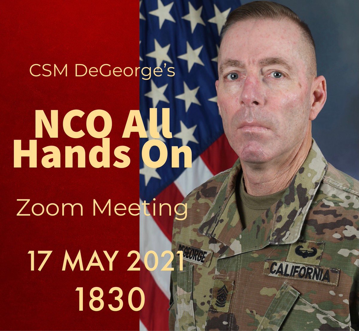 CaStateGuard's tweet photo. Mark your calendars! CSM Daniel DeGeorge Sr., senior enlisted advisor for the California State Guard, will have an all-hands Zoom for NCOs and petty officers on Monday, 17 May at 1830. A link has been emailed! #leadership #californiastateguard https://t.co/aAfnacpp7J