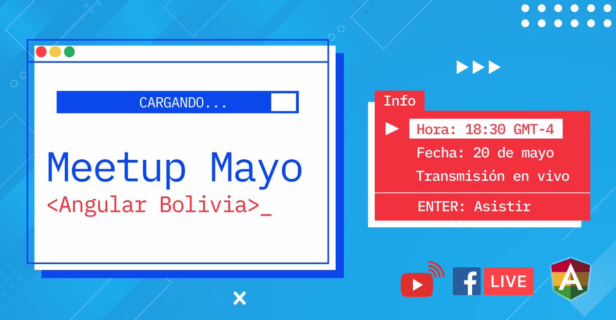 Nuestro meetup de Mayo se acerca 🎉‼️ y nos es muy grato poder compartilo con todos ustedes 🤓.

🔴✅ No te lo puedes perder 📢📢
🗓 Jueves 20 de Mayo
🕰 18:30 GMT-4
🌐 Transmisión en Youtube: youtube.com/c/AngularBoliv…
