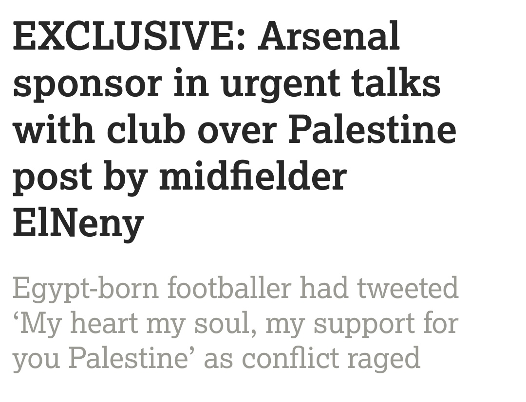 “My heart my soul, my support for you Palestine.”

"Contacted by BoD official Tal Ofer, Arsenal sponsors the Lavazza Group, said:  “We’ll immediately reach out to Arsenal to remark we are concerned about the club associated with such a message."

This is how the Lobby works.