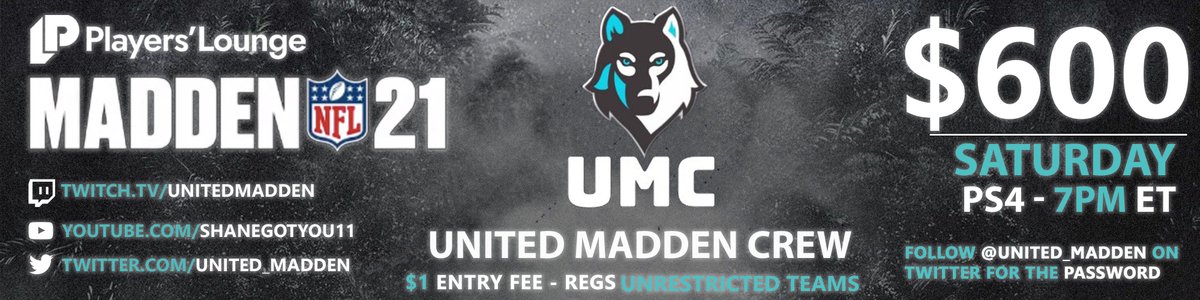 🚨🚨Players' Lounge and <a href="/United_Madden/">United Madden Crew</a> have teamed up to host a💸$600💸#Madden21 tournament on PlayStation!!!

⚠️Starts TOMORROW @ 7 PM ET!!!
⚠️$1 ENTRY FEE!!!

The password to enter the tournament will be posted on the <a href="/United_Madden/">United Madden Crew</a> Twitter page!!!
playerslounge.co/tournament/967…