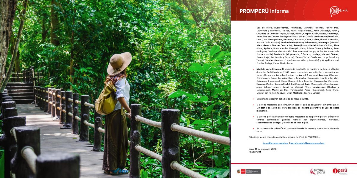🔊PROMPERÚ informa: Amigo viajero, tu salud es primero!
Conoce las nuevas medidas implementadas por el Gobierno peruano, para enfrentar el COVID-19 🦠, aplica desde el 📆10 de mayo al 30 de mayo 2021. [parte 2]
