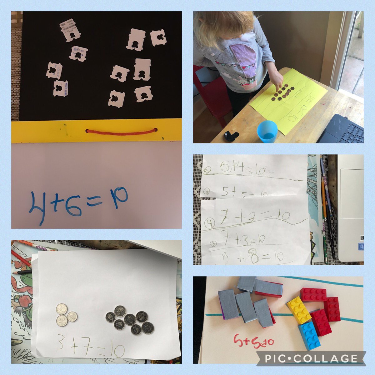FDK101Valentine's tweet photo. Some more fun with โShake and Spillโ at home. We tried to find all the different ways to make 10. ๐ #DecomposingNumbers #FDK @ValentineDPCDSB https://t.co/MNjIwRQy97