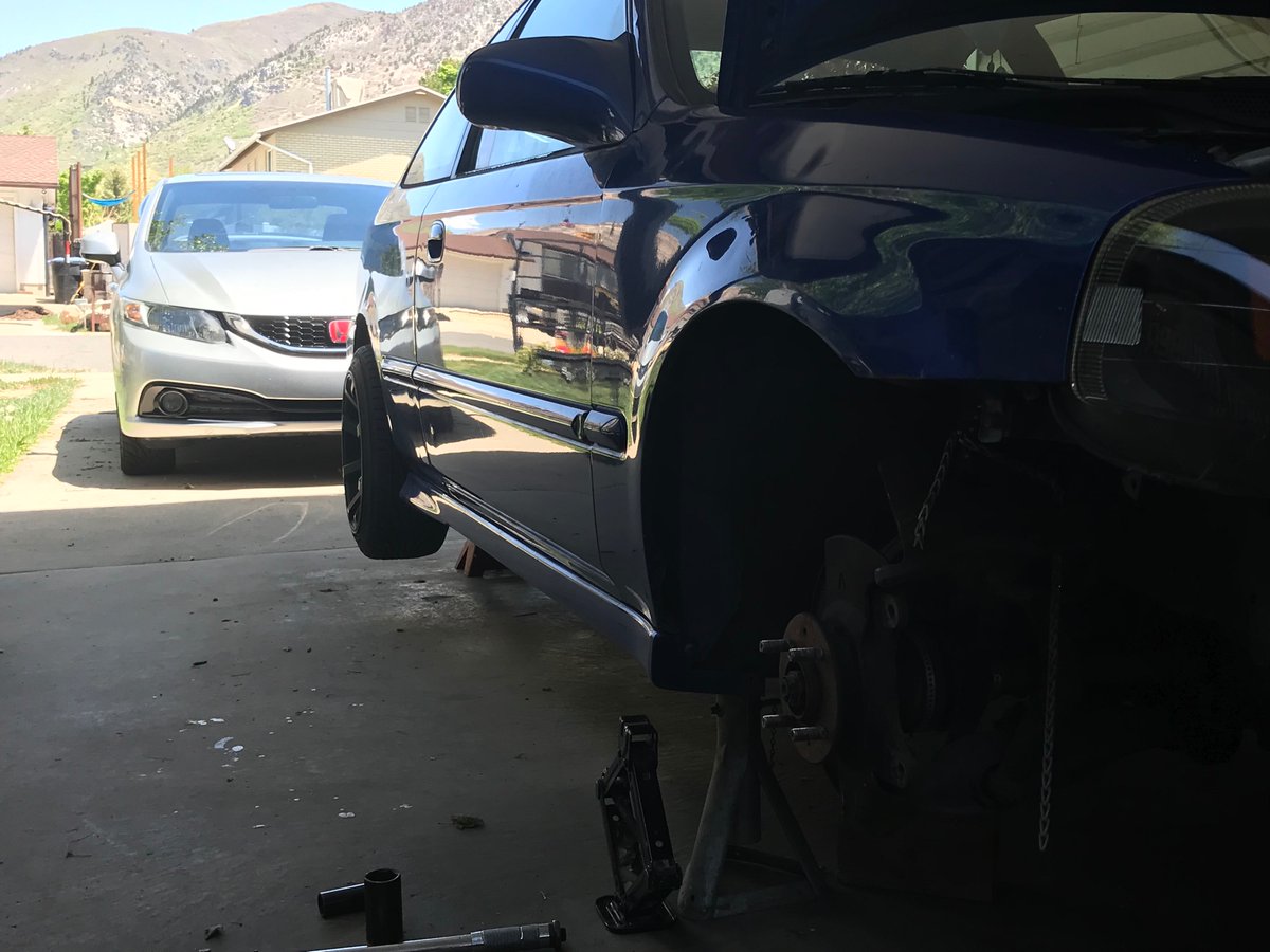 update on the car everyone forgot about (even myself): not demonstrated in picture, but wheel bearing is out. Was not good. I have the replacement hubs and bearings for the front, and gonna get some adjustable UCA’s. Should probably get new bushings for other parts as well