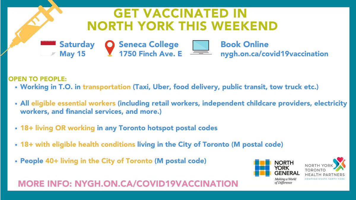 NYGH_News's tweet photo. 📢Are you an eligible essential worker in T.O.?📢
This includes jobs in: retail, electrical, financial, childcare and more! Full list: https://t.co/j3iXegl0Qu
 
Book your vaccine appt for tmr:
🗓️Sat. May 15
📍Seneca College 1750 Finch Ave. E
🖥️Book online: https://t.co/VyrJ1wDxXy https://t.co/n70xWwlpdO