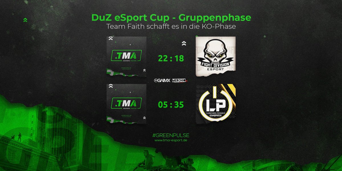 Team Faith konnte sich im DuZ e-Sport Cup durchsetzen und in die KO-Phase vorstoßen. 

Gegen FightDivision eSport Team konnte das Team den Sack zu machen. 

Gegen LP hingegen hatte das Team keine Chance und musste eine harte Niederlage akzeptieren.
