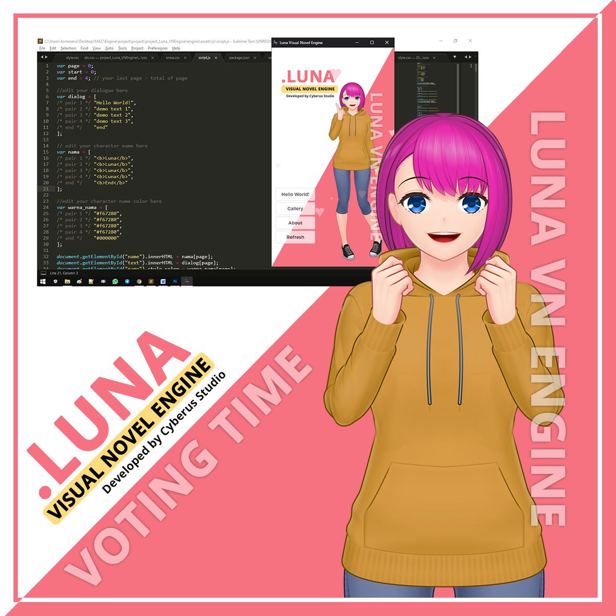 jurnalsenamyid's tweet photo. Voting time!
It's been a week that Luna was released, it's time to voting. *yay
> #thetooljam :- https://t.co/l276n7n8kq
Follow our studio @cyberusstudio
More info: https://t.co/1bWEz6ObhT
Thank you for support us!
#cyberusstudio #lunavnengine #javascript #itchio #indiegamedev https://t.co/UfxgDbRUGq