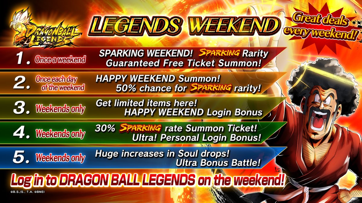 Dragon Ball Legends - [50% SP Drop Rate! HAPPY WEEKEND Is Live!] Take  advantage of the 50% SPARKING drop rate in this weekend-only Summon! HAPPY  WEEKEND features a power-packed lineup that even