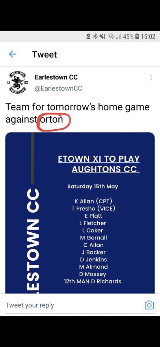 Aughton Cricket Club (@aughtoncc) on Twitter photo Big game today Earlestown CC v orton. Good luck to both teams. Big game today Earlestown CC v orton. Good luck to both teams.