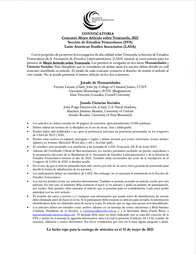 LASA VENEZUELA (@lasavenezuela) on Twitter photo CONVOCATORIA <a href="/LASAVENEZUELA/">LASA VENEZUELA</a>
CONCURSO MEJOR ARTÍCULO SOBRE VENEZUELA en Humanidades y Ciencias Sociales
lasaweb.org/en/sections/ve… CONVOCATORIA <a href="/LASAVENEZUELA/">LASA VENEZUELA</a>
CONCURSO MEJOR ARTÍCULO SOBRE VENEZUELA en Humanidades y Ciencias Sociales
lasaweb.org/en/sections/ve…