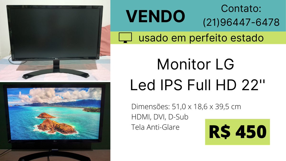 BaciodiNatti's tweet photo. 📢 Vendo dois monitores da LG, usados mas em perfeito estado 📢

1️⃣ Monitor LG 22'' LED IPS Full HD - R$ 450
Detalhes e especificações técnicas em: https://t.co/BxpYUw83iX

2️⃣ TV Monitor HD - 24'' Branco - R$ 350
Detalhes e especificações técnicas em: https://t.co/qW4t1inZso
+ https://t.co/0ylfNpgM5o