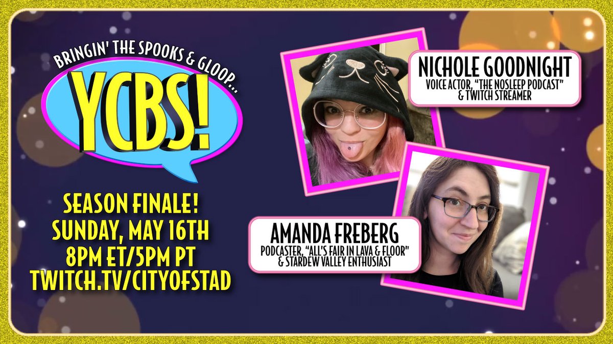 CityOfStad's tweet photo. Meet the Raspberries for the Season Finale of #YCBS: Voice Actor @NRGoodnight &amp; Podcaster @AmandaTheHerder are bringin' the heat!

It'll be a scary good time this Sunday starting at 8pm et/5pm pt at https://t.co/wJ0BrGjX44. Get pumped! https://t.co/eCJbVvYWiC