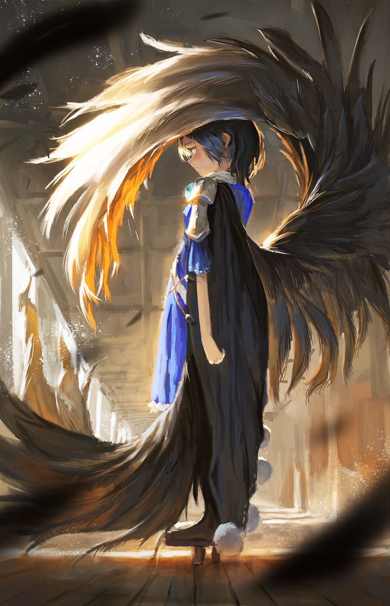 iizunamaru megumu 1girl wings blue dress solo dress feathered wings sleeveless coat  illustration images