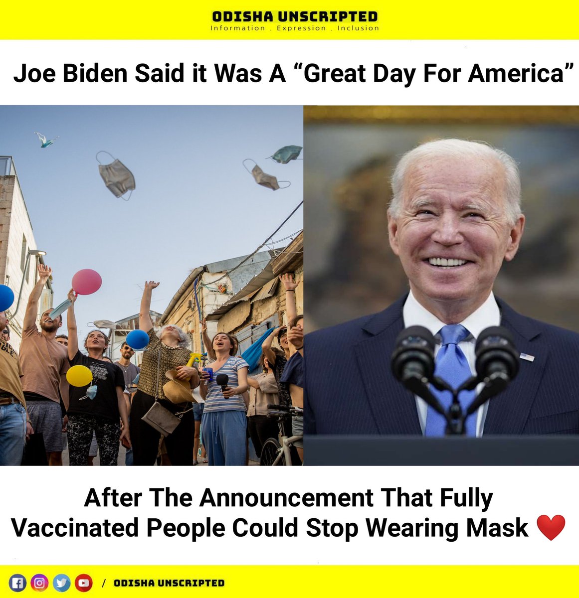 odisha_unscript's tweet photo. Joe Biden Said it Was A “Great Day For America” After The Announcement That Fully Vaccinated People Could Stop Wearing mask ❤
#odishaunscripted 
#JoeBiden 
#america 
#mask 
#WhiteHouse https://t.co/VV6HWChxPq