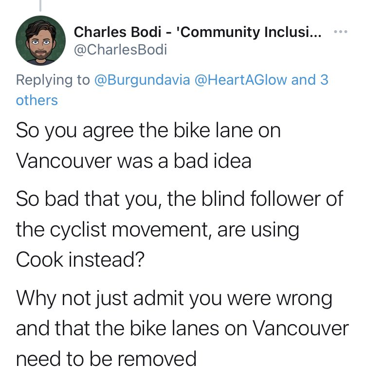photowarrior's tweet photo. Sadly, #yyj #cycling lanes likely to obstruct "assistance" from #BootlickerBodi; claiming they congest downtown, Cook &amp; Vancouver motorist access ...besides, Bodi may no longer be "engaged" with Bylaw, VicPD, #NPNA, #StevilAndrew &amp; #AdamHurling 

@ErikWdV @BeaconHillFolks https://t.co/5iHcRJ9Gf5