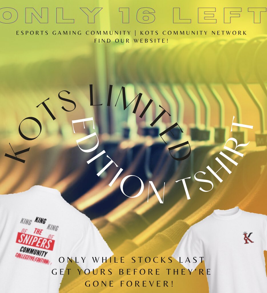 AustralESports's tweet photo. #KOTSApparel Limited Edition T-Shirts🔥
ONLY 16 REMAIN FOR SALE🎉
Repp The #KOTS Today! Get your hand on 1/20 of these beauties and be a big part of something great!#KOTSCommunity #SupportSmallBusiness #SupportAustralian
@SOSmcWIN @StreamerWall @DynoRTs @RexRTs @marvdingo https://t.co/2upjT7AftY