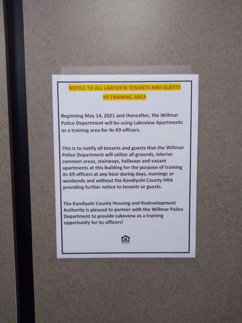 ACLUMN's tweet photo. We recently learned that the Willmar Police Department intends to use an apartment building as a round-the-clock K-9 training ground (!) — without the consent of residents.

To say that we’re concerned would be an understatement. https://t.co/fQ7Qb1GNns