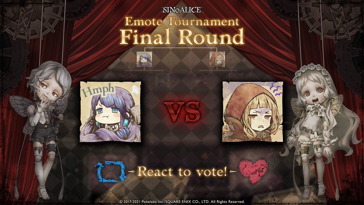 This is it! The final round! Get those votes in to pick the emote you want to win it all!

Use your reaction to vote on which one you want to win! #SINoALICEGlobal